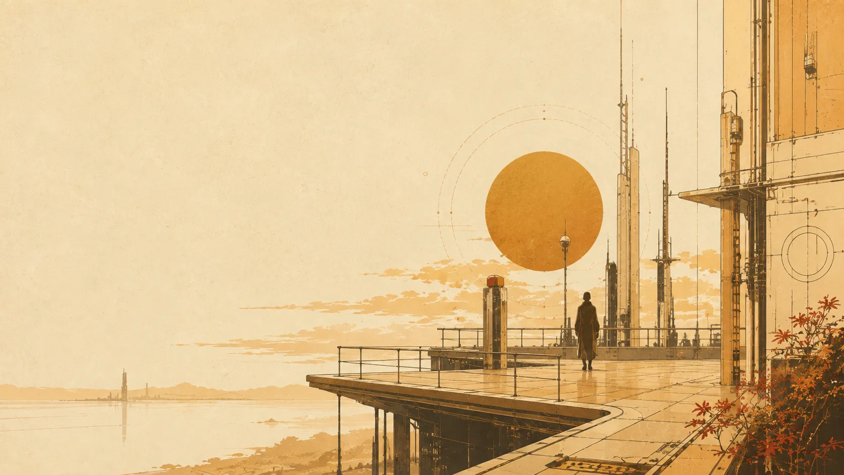 Ilustración retro-futurista de una terraza elevada con arquitectura geométrica y un sol dorado bajo en el horizonte.